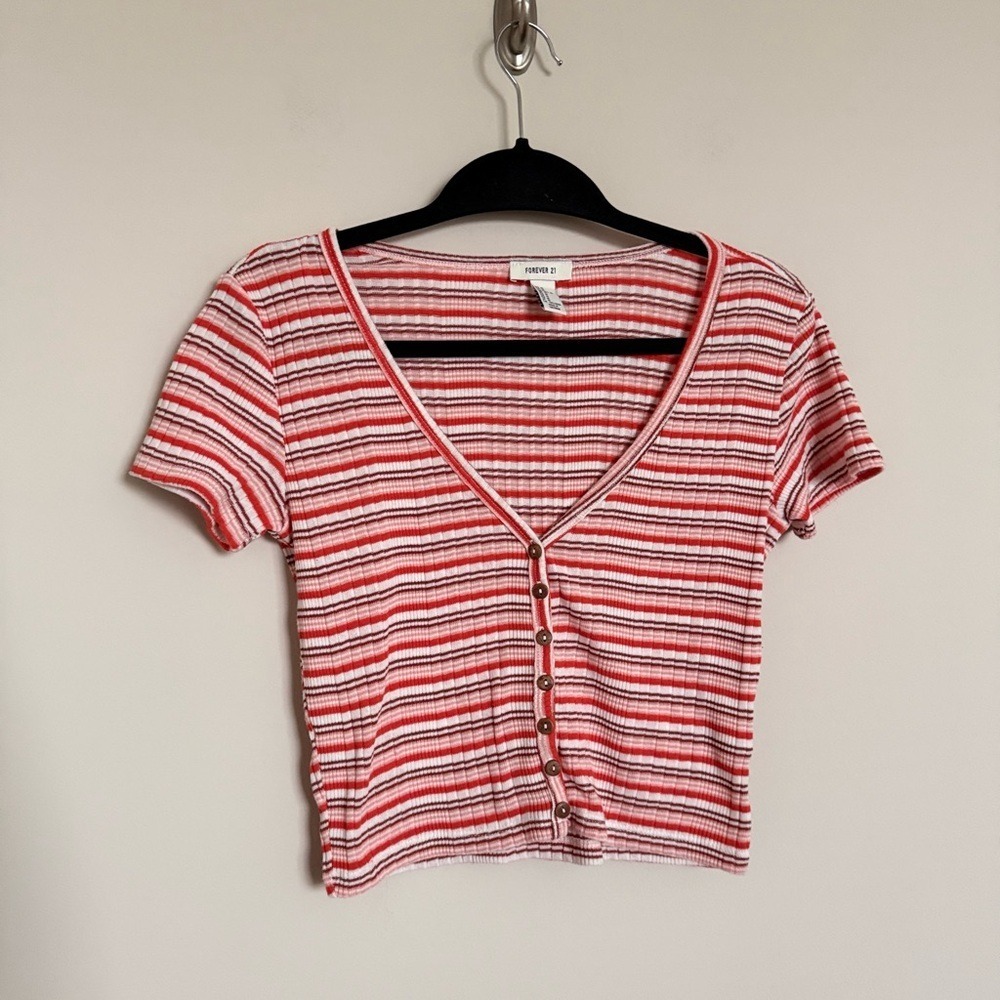 Forever‎ 21 Red White Striped Ribbed Button Front Crop Top Medium